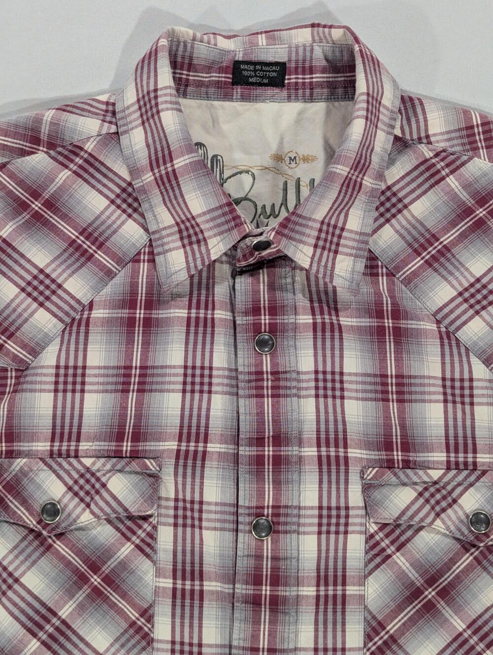 Bullhead Shirt Mens M Red Plaid Short Sleeve Western Pearl Snap Pockets Casual